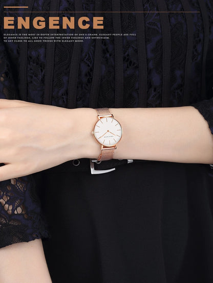2023 New Women Bracelet Watch 1 Set Japan Quartz Movement Simple Rose Gold Stainless Steel Mesh Student Watches Relogio Feminino