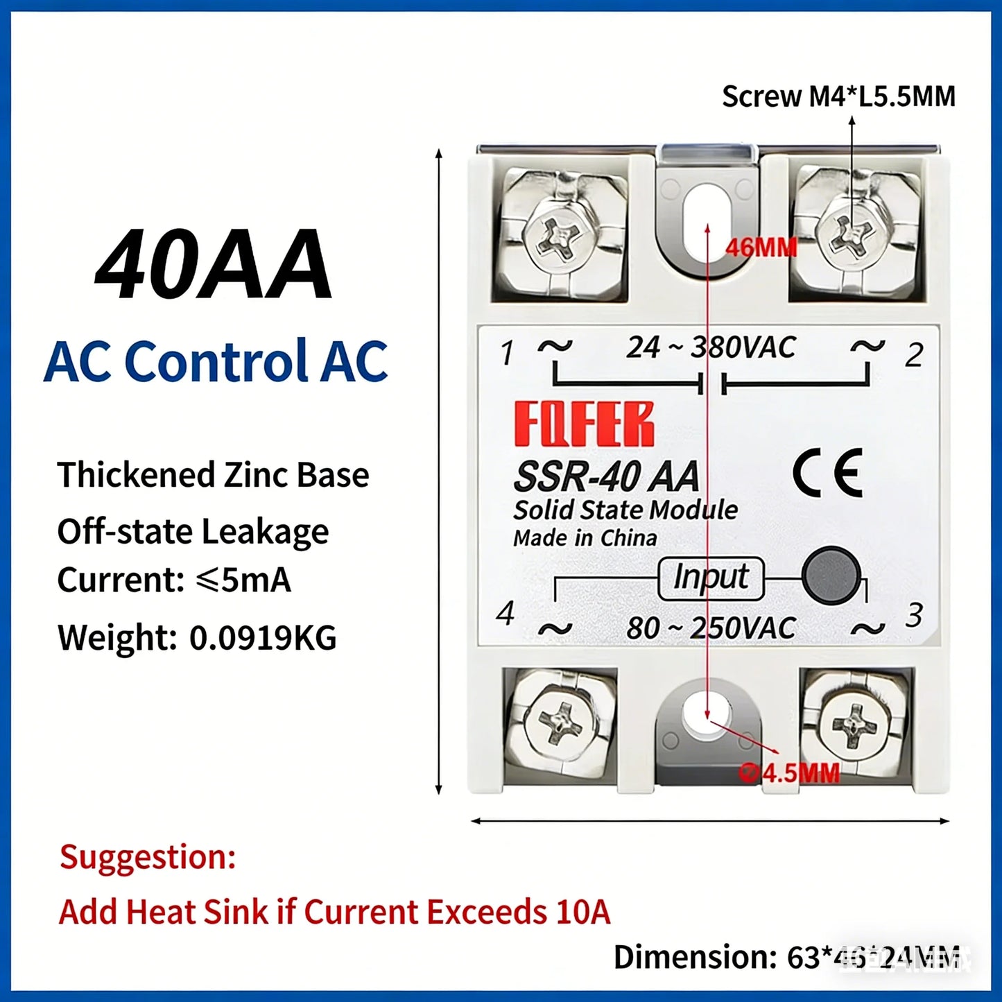 SSR-25AA 40AA 60AA AC Solid State Relay Single Phase AC-AC 80-250VAC Input 24-380VAC Output