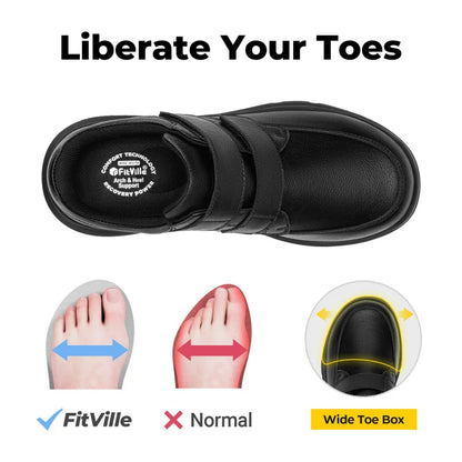 FitVille Men's Wide Walking Shoes Hook and Loop Comfortable Leather Business Shoes Orthopedic Diabetic Shoes for Swollen Feet