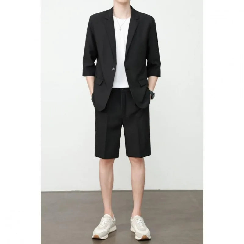 KIDWHXR Summer Men Outfit Thin Breathable Solid Color Male 2-piece Suit Set Loose Business Casual Man Short Sleeve Suits