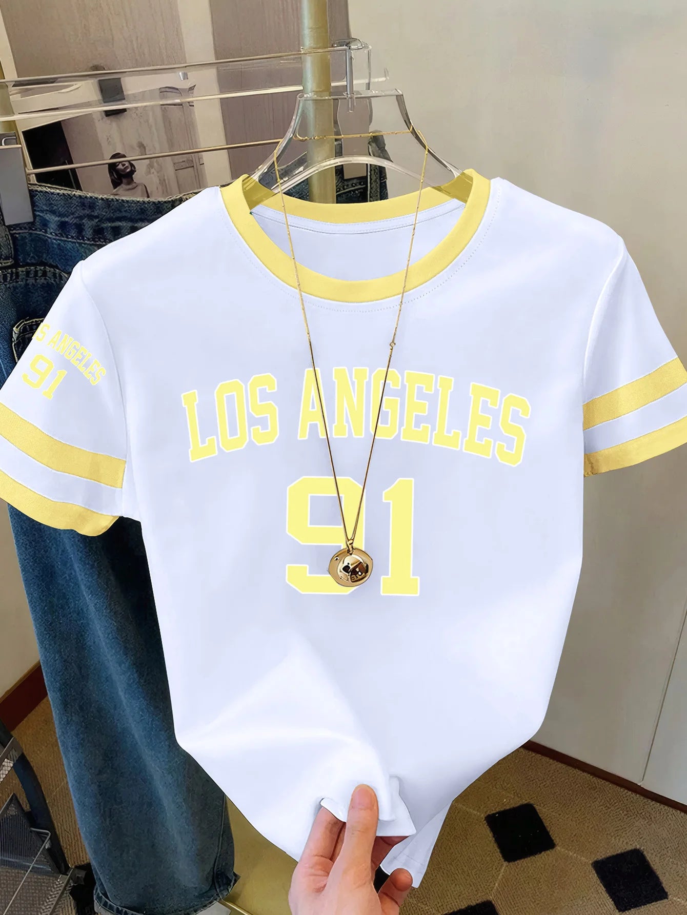 Summer Women's Los Angeles NO.91 Print Round Neck Short Sleeve T-Shirt Summer Graphic Te Jerseys Plus Size Sport T-Shirt Tops