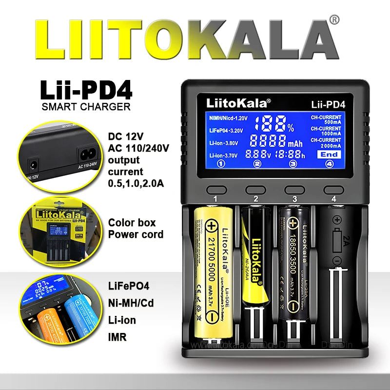 Ładowarka sieciowa LiitoKala Lii-PD4/PD2 LCD, szybkie ładowanie, 4/2 gniazda na akumulatory 21700/18650/AA/AAA, wielokrotne zabezpieczenia, automatyczne wykrywanie