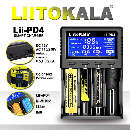 Ładowarka sieciowa LiitoKala Lii-PD4/PD2 LCD, szybkie ładowanie, 4/2 gniazda na akumulatory 21700/18650/AA/AAA, wielokrotne zabezpieczenia, automatyczne wykrywanie