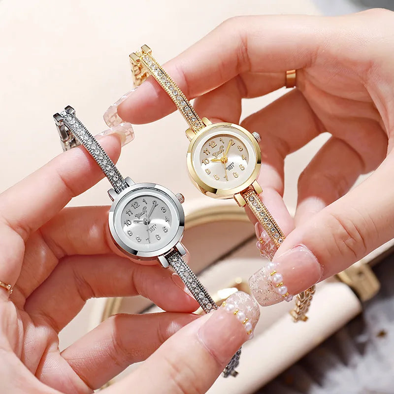 Women's round dial Arabic numeral small dial steel belt chain quartz watch