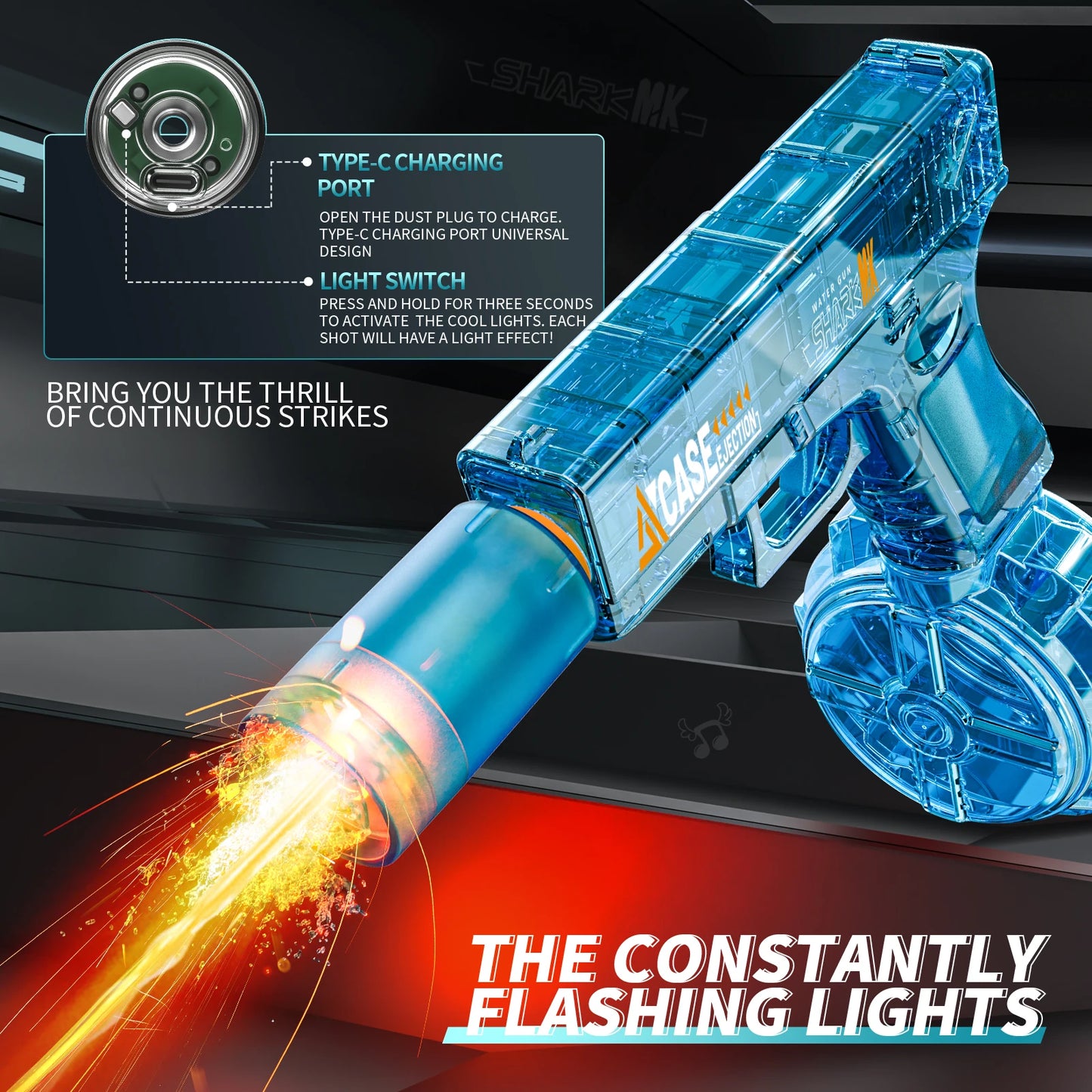 Electric Water Gun, Automatic Squirt with Pistol Realistic Gun Muzzle Flame Summer Outdoor Beach Swimming Pool Party Toy