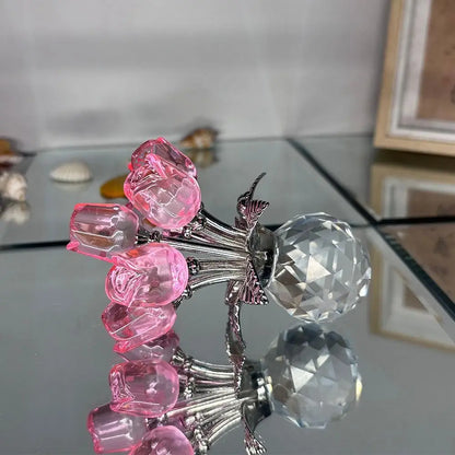 Creative Crystal Rose Sculpture Reflect Colorful Rose Bouquet Ornaments Small Handmade Crystal Rose Bundle Mother's Day