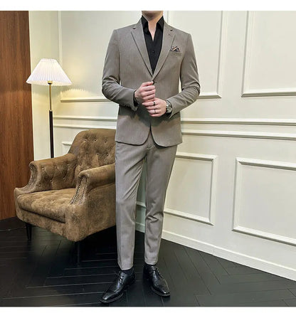 High quality Korean slim fit (suit + trousers) Fashion business handsome casual solid color wedding suit two-piece set