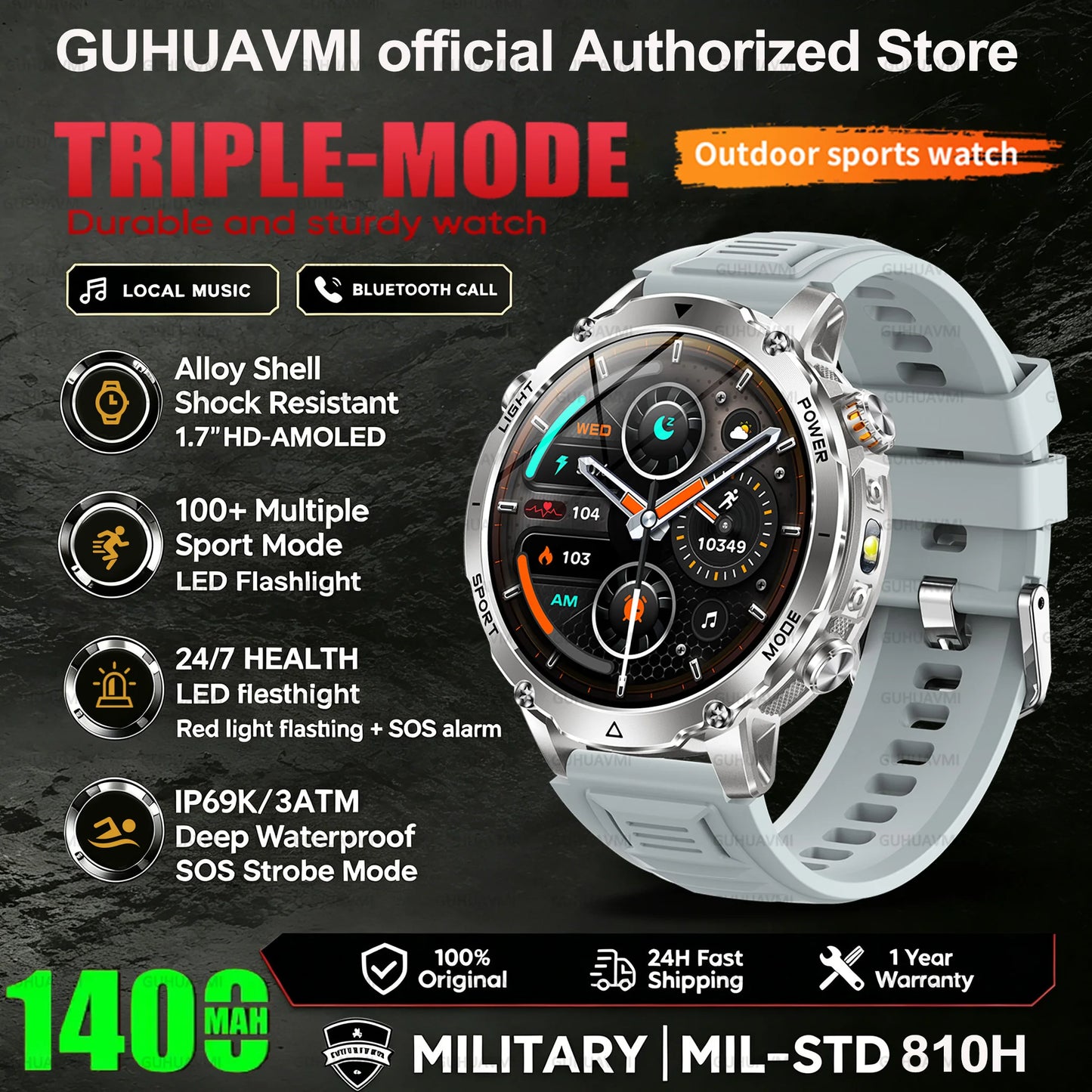 New 1400mAh Battery Sports Smart Watch 1.7” SOS+Flashlight Exercise Record Bluetooth Call Waterproof Health Watch For Android iO