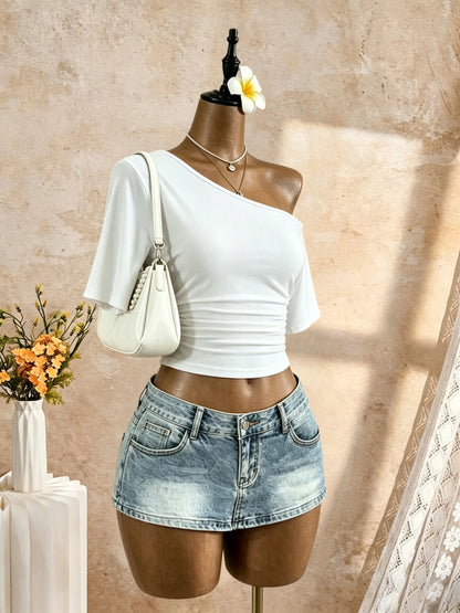 Women One Shoulder Short Sleeve Side Ruched Cropped T Shirt 2026 Summer Y2K Going Out Casual Streetwear Tops