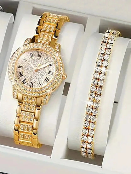 Luxury fashion alloy full diamond Roman quartz watch with double row diamond bracelet gift set