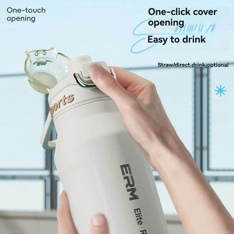1L Stainless Steel Thermos Bottle, Iced & Heat Insulated Cup, Hiking Cycling Fitness Vacuum Flask with Handle