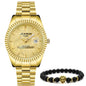 Luxury men's steel band watch calendar embossed atmosphere trend gold business quartz watch 2-piece set lion bracelet watch