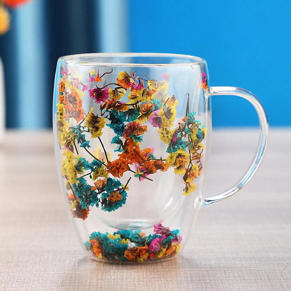 Insulated Layer Flowers Coffee Cup Double Walled Glass Coffee Mug Handle Anti-Scald Glass Mugs Dried Flowers Heat Insulation cup