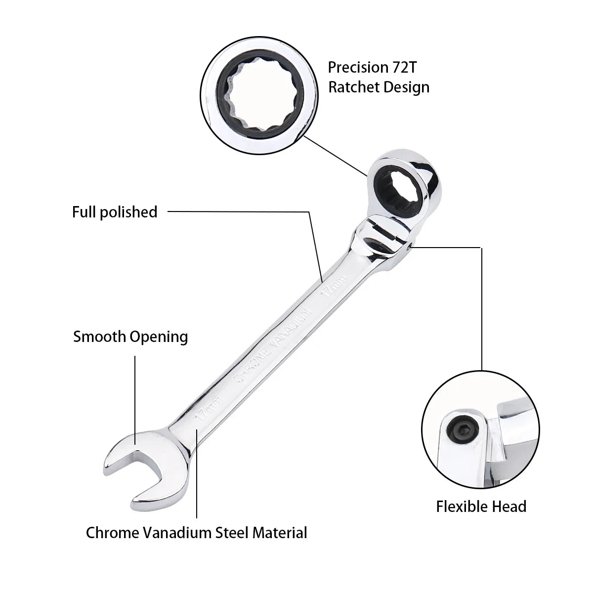7mm Ratchet Wrench of Keys Spanner Set Hand Tool 72-Tooth Ratcheting Flexible Head Mirror Finish 7mm Auto and Home Repair 1 pcs