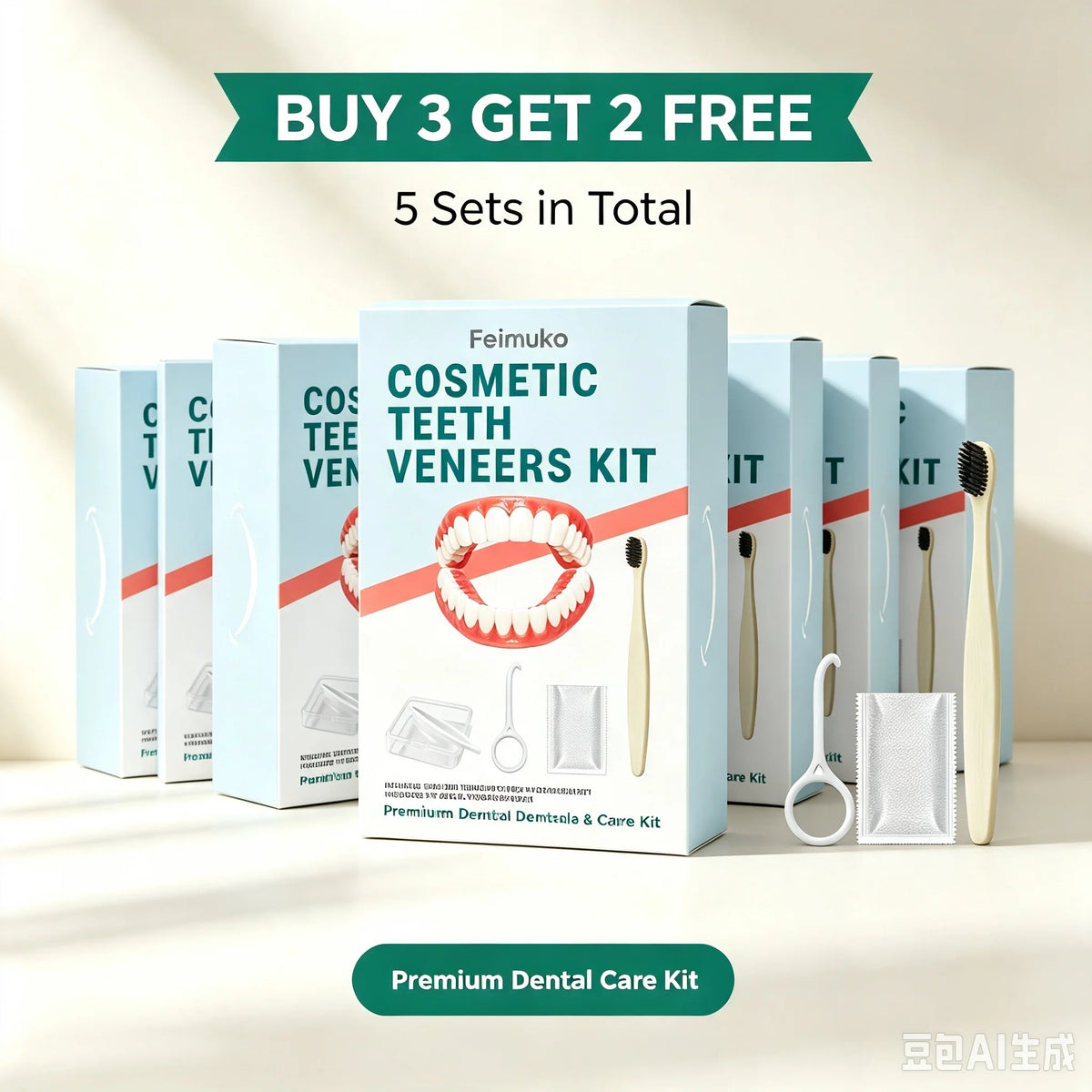 Silicone denture set, ivory colored dentures, instantly burst into a confident smile, comes with a toothbrush and tweezers