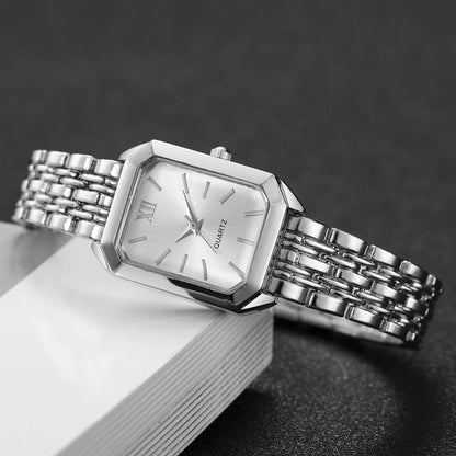 6PCS Fashion Rectangle Women Quartz Watch Bracelets Set Ladies Roma Dial Silvery Band Wristwatch Reloj Mujer(Without Box)