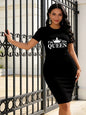 Women's Casual 'I'M HIS QUEEN' Theme Letter and Geometric Pattern Print Long-Sleeved T-Shirt Dress - Round Neck Short Sleeves, L