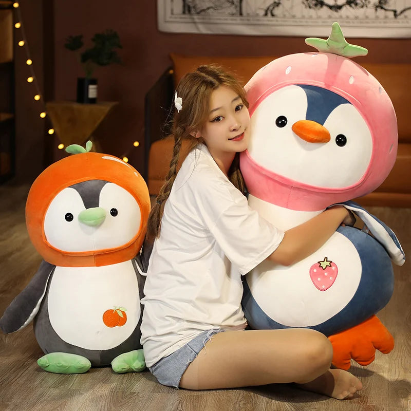 1PC Kawaii Cartoon Penguin Plush Toy Soft Doll Dress up Strawberry Orange Kids Plushie Girls Gift