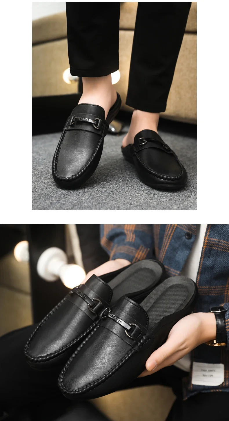 Summer Half Shoes For Men Comfortable Leather Casual Shoes Soft Flat Men's Loafers Lightweight Slip-on Shoes Man Daily Slippers