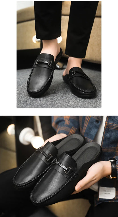 Summer Half Shoes For Men Comfortable Leather Casual Shoes Soft Flat Men's Loafers Lightweight Slip-on Shoes Man Daily Slippers