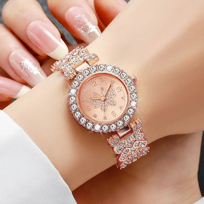 5PCS Luxury Rhinestone Butterfly Dial Women Quartz Watch Jewelry Set Elegant Ladies Bracelet Wristwatch Reloj Mujer（Without Box）