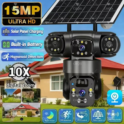 15MP IP Camera WiFi PTZ Three Camera Outdoor Wireless Solar 20000Mah Built-in Battery Video Surveillance Cam Long Time Standby