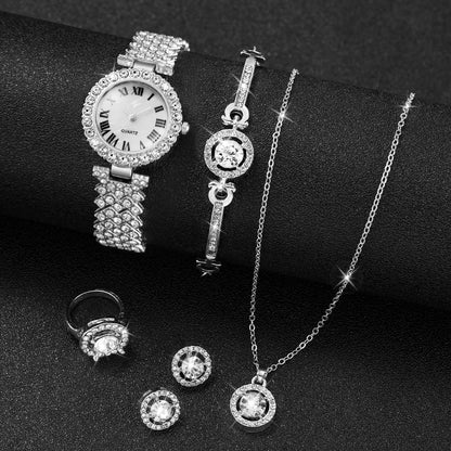 6PCS/Set Luxury Rhinestone Women's Watch Silver Band Ladies Roma Dial Quartz Watch Jewelry Set（Without Box）
