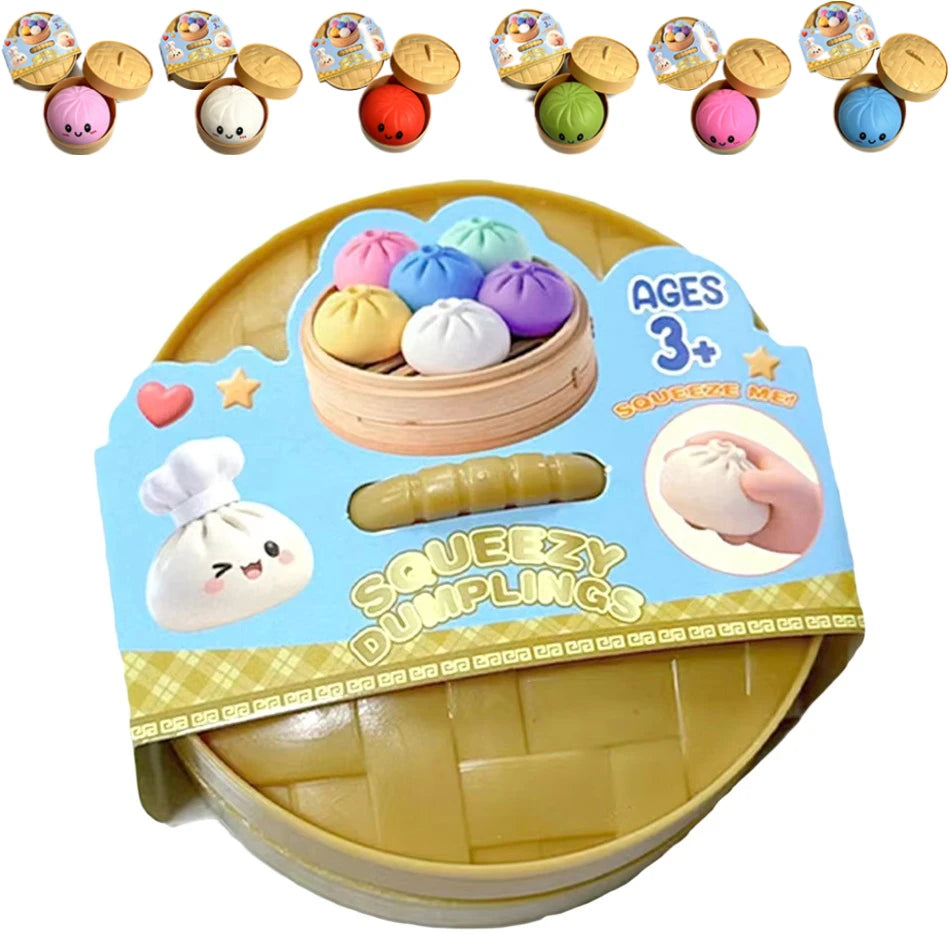 Colorful Dumpling Squishes Stress Balls Fidget Sensory Toys Simulation Food Squishies Bun with Steamer Squeeze Dough Ball Gifts