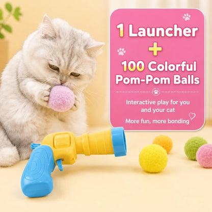 Interactive Cat Toy Pom Pom Ball Launcher Quiet Fuzzy Ball Shooter Indoor Chase Play Kit with 100 Colorful Soft Balls for Cats