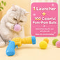Interactive Cat Toy Pom Pom Ball Launcher Quiet Fuzzy Ball Shooter Indoor Chase Play Kit with 100 Colorful Soft Balls for Cats
