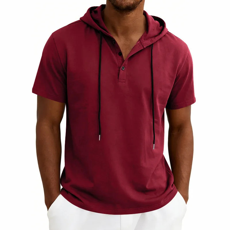 Summer Men's Short Sleeve Hooded T-Shirt Henry Neckline Drawstring Design Casual Loose Breathable Sporty Vest