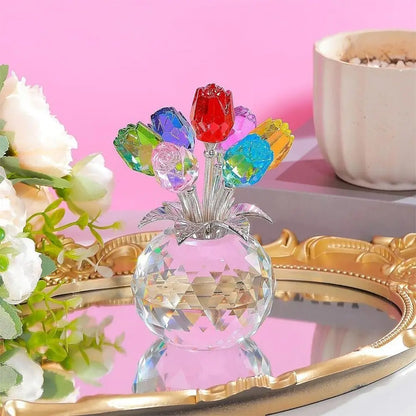Creative Crystal Rose Sculpture Reflect Colorful Rose Bouquet Ornaments Small Handmade Crystal Rose Bundle Mother's Day