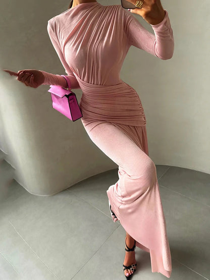 Nibber Folds Maxi Dress Women o-Neck Full Sleeve Solid Banquet Elegant Vacation Fashion Autumn Skinny Casual Simple Vestidos