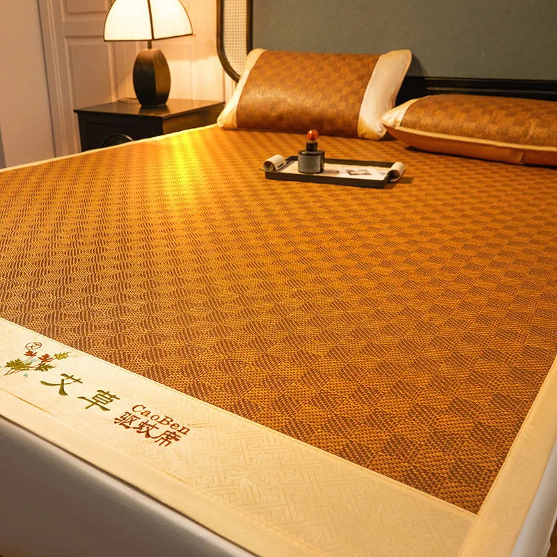 Ice Silk Summer Cooling Mat Natural Vine Foldable Double-Sided Bamboo Mat for 1.5/1.8m Bed Naked Sleeping Dormitory Home Use