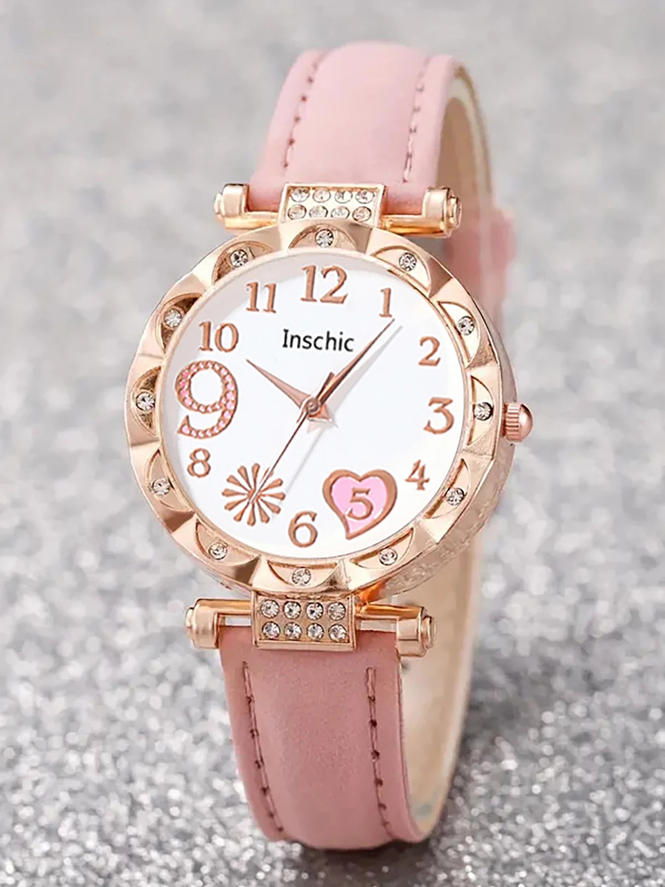 Women's quartz watch and set of inlaid jewelry, gift with heart-shaped fireworks design, does not include the box