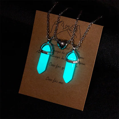 2Pcs/Set Luminous Hexagonal Column Heart Pendant Couple Magnetic Necklace Natural Stone Geometric Pendant Necklace Jewelry Gifts
