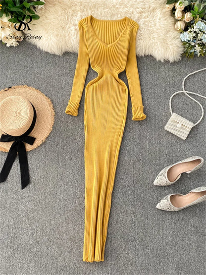 SINGRAIN Women Autumn Knitted Dress V Neck Sexy Slim Elastic Oversized Basic Bodycon Long Dress Winter knit Warm Sweater Dresses