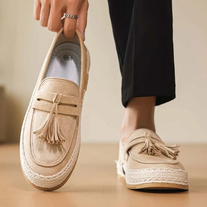 Men Slip On Tassel Loafers, Spliced Fabric Espadrille Shoes Woven Hemp Thick Flat Sole For Daily Driving Street Casual Wear
