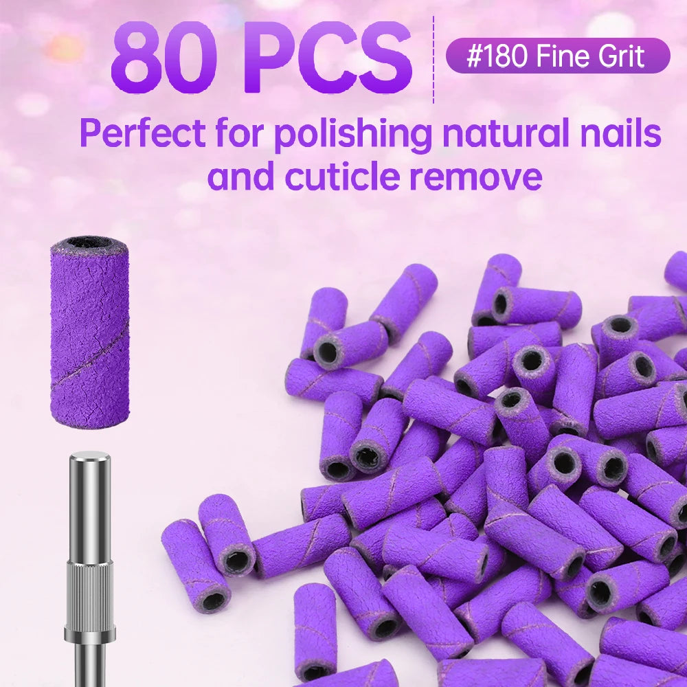 180/240 Fine Grit Small Nail Sanding Bands for Nail Drill, 80 Pcs Nail File Sanding Bands with Drill Bits for Manicure Pedicure