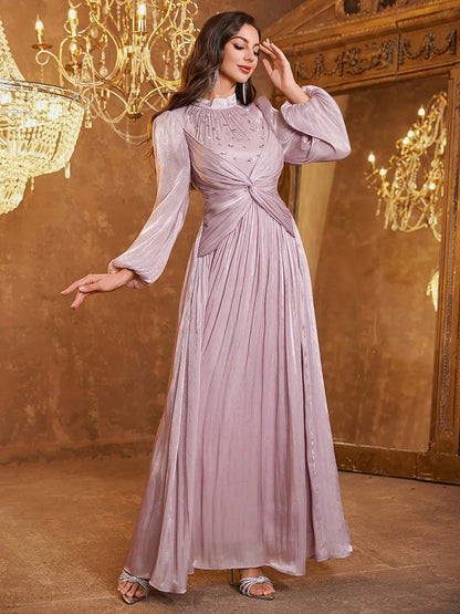 TOLEEN Women's Stand Collar Waist Twist Beaded Sequin Embellished Elegant Long Lantern Sleeve Shift Dress Wedding Spring Party