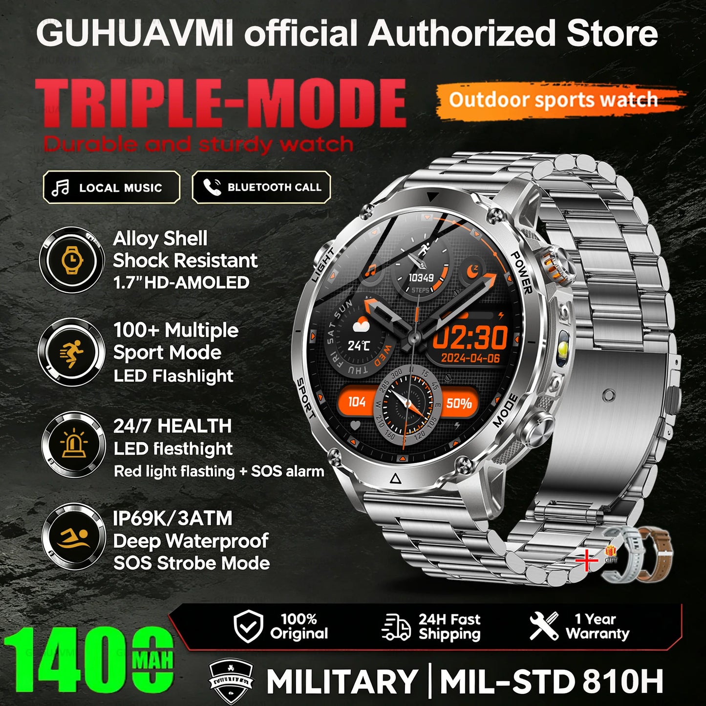 New 1400mAh Battery Sports Smart Watch 1.7” SOS+Flashlight Exercise Record Bluetooth Call Waterproof Health Watch For Android iO