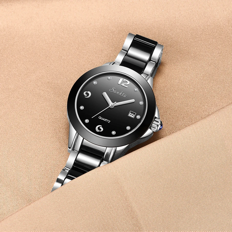 LIGE Brand SUNKTA Fashion Casual Woman Watch Ceramic Simple Bracelet Quartz Ladies Watches Date Waterproof Women's Wristwatches