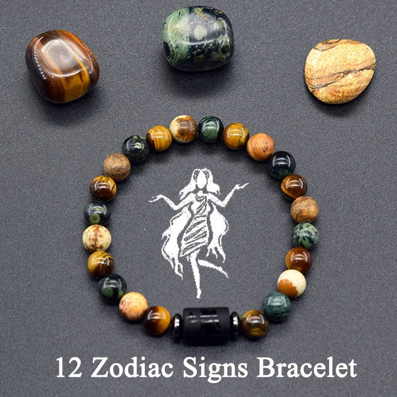12 Zodiac Constellation Signs Bracelets for Men Women Real Natural Tiger Eye Stone Bead Bracelet Leo Taurus Charm Couple Jewelry