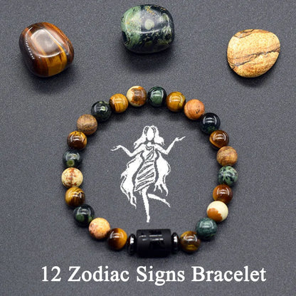 12 Zodiac Constellation Signs Bracelets for Men Women Real Natural Tiger Eye Stone Bead Bracelet Leo Taurus Charm Couple Jewelry