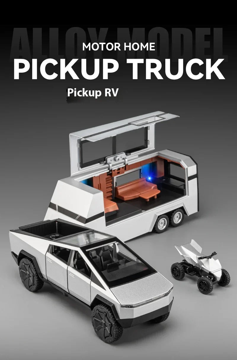 Cyber Truck Pickup Trailer RV Metal Alloy Toy Car Model Die-Casting Off-Road Vehicle Men's Gift Collection Truck Ornaments