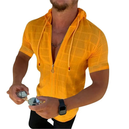 2026 Summer New Fashion Plaid Zipper Sleeveless Hooded Cardigan T-Shirt Men's Slim Sports Breathable Fitness Top