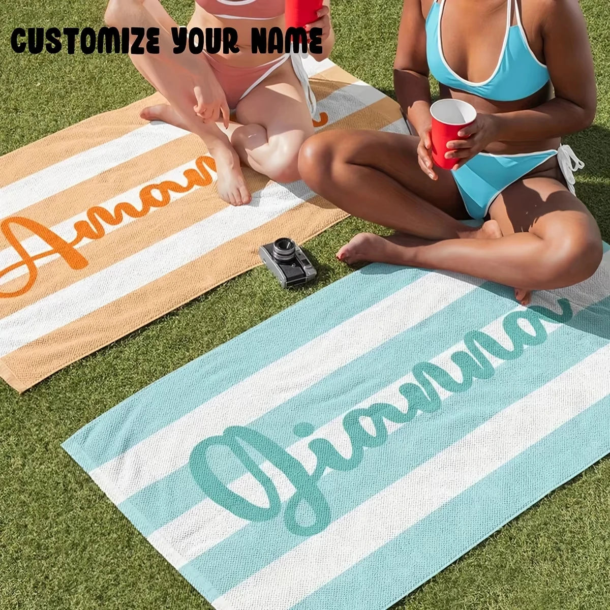 Personalized Striped Beach Towel Custom Name/Logo Microfiber Towel Thin Quick Dry Absorbent for Beach Swimming Yoga Bath Sports