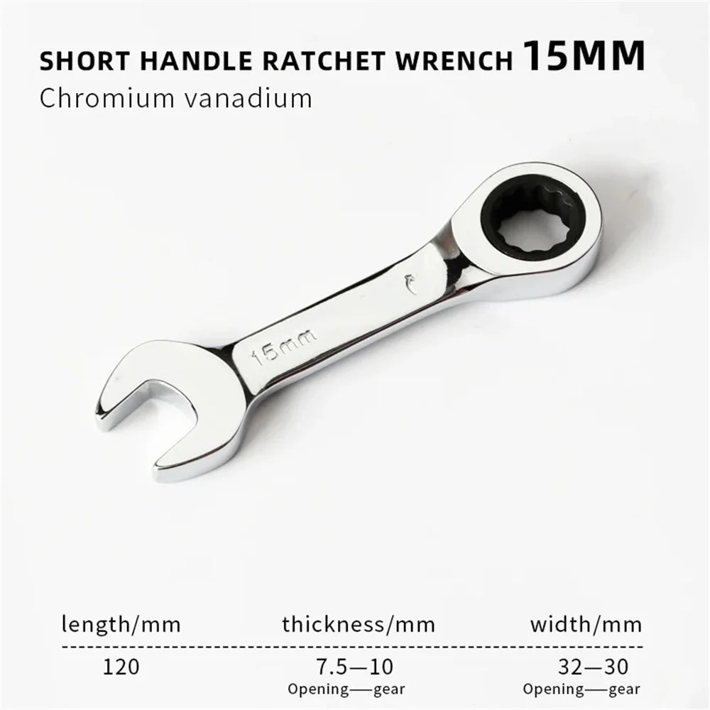 1Set 6mm-19mm Reversible Combination Stubby Single Wrench Stubby Combination 72 Tooth Ratchet Socket Spanner Nut Repair Tools