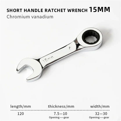 1Set 6mm-19mm Reversible Combination Stubby Single Wrench Stubby Combination 72 Tooth Ratchet Socket Spanner Nut Repair Tools