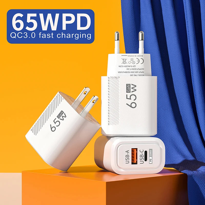 65W GaN Fast Charging USB Type-C Charger US EU Plug USB PD Quick Charge 3.0 Travel Wall Phone Charger Adapter For iPhone Samsung